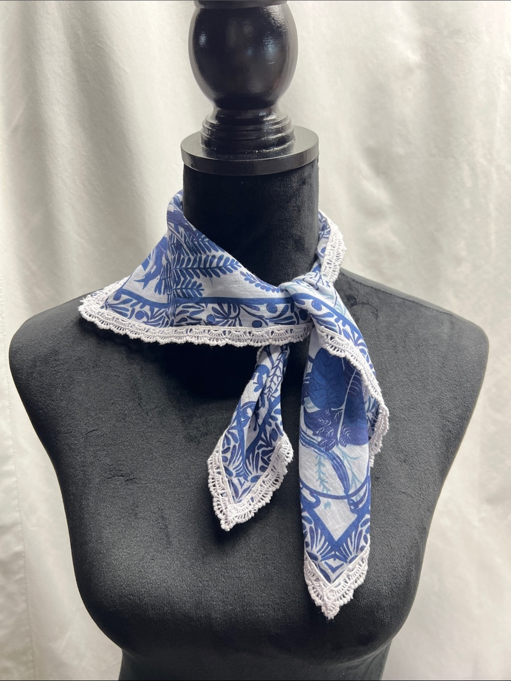 Sundance Blue Printed Scarf with White Lace Trim